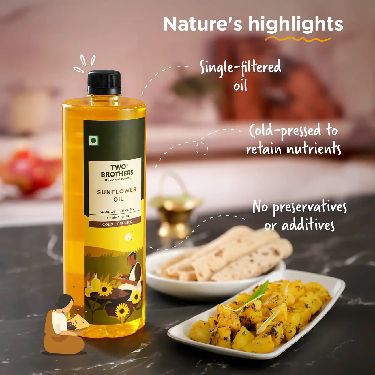 Two Brothers Organic Farms Sunflower Oil I Cold-Pressed 1ltr Plastic Bottle