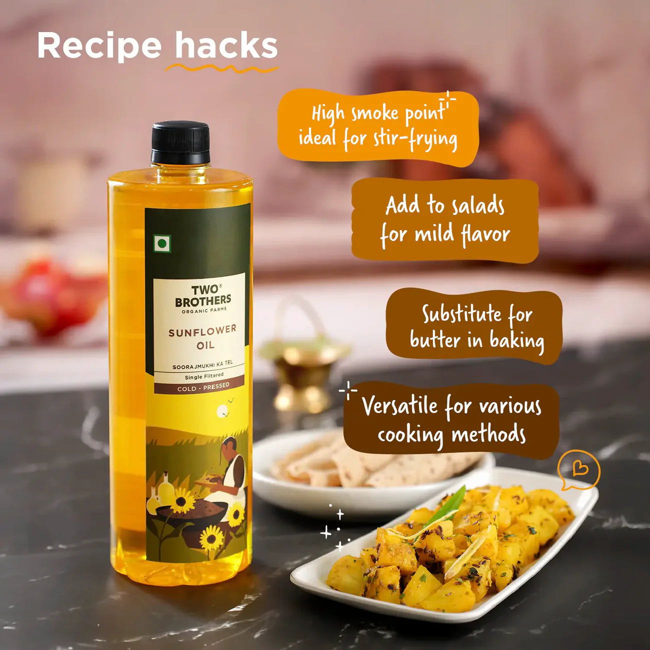 Two Brothers Organic Farms Sunflower Oil I Cold-Pressed 1ltr Plastic Bottle