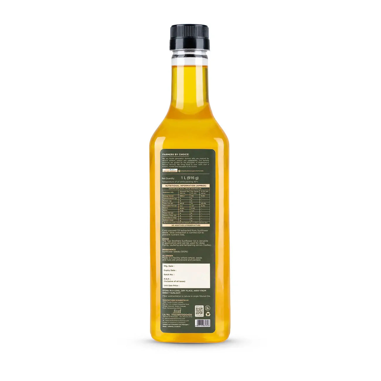 Two Brothers Organic Farms Sunflower Oil I Cold-Pressed 1ltr Plastic Bottle