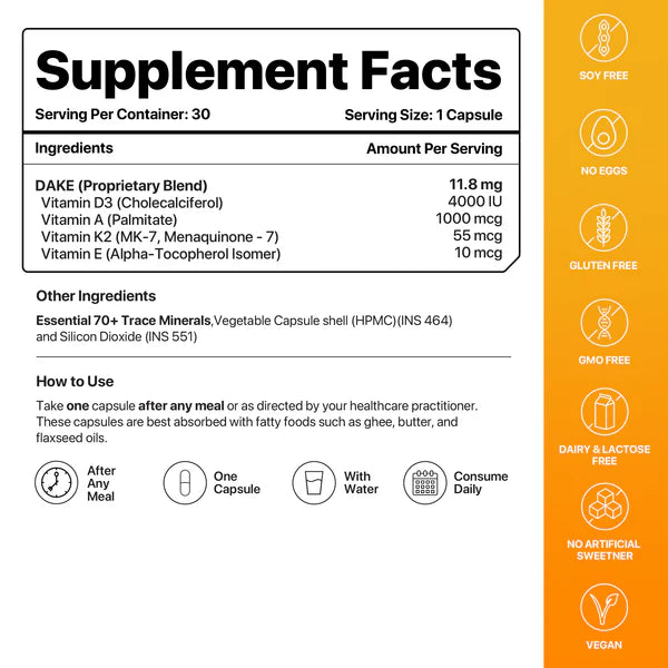 Decode Age DAKE® Supplement | Multivitamin Supplement | Supports Vision, Immunity, Bone, Heart and Skin Health | Vitamin D3, K2 (MK7), A & E | 30 Capsules, Vegan