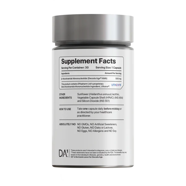 Decode Age Liposomal NMN Supplement | 99.9% Pure Beta NMN | NAD+ Booster for Energy, Metabolism, Cellular Repair & Brain Health | High Bioavailability| 500mg, 30 Capsules, Vegan