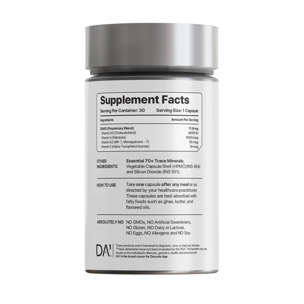 Decode Age DAKE® Supplement | Multivitamin Supplement | Supports Vision, Immunity, Bone, Heart and Skin Health | Vitamin D3, K2 (MK7), A & E | 30 Capsules, Vegan