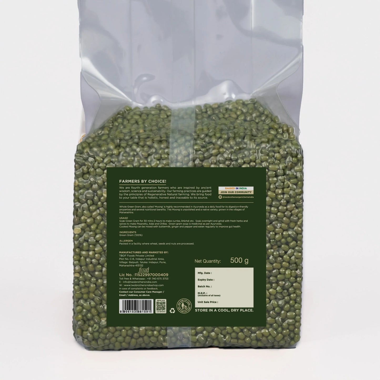 Two Brothers Organic Farms Whole Green Gram Moong 500gm