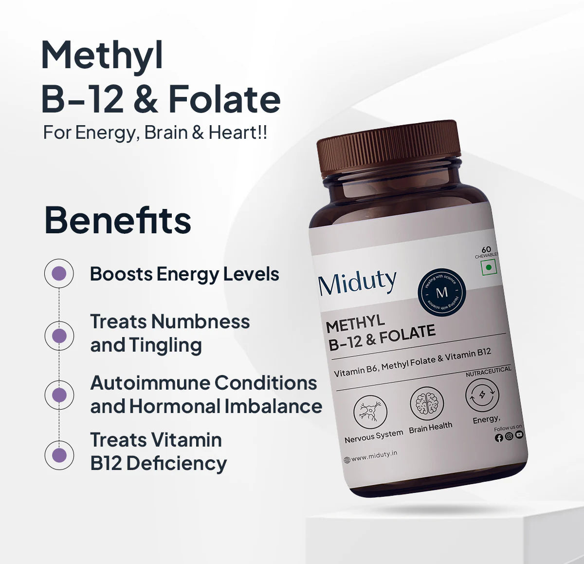 Miduty Vitamin B12 | Methyl B12, Folate & B6 Tablets | Chewable