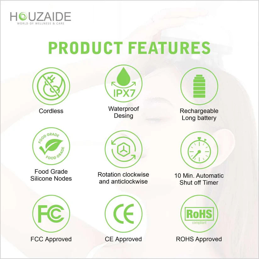 HOUZAIDE Rechargeable Waterproof Scalp Massager - Handheld, Portable Head Massager for Hair Fall Control, Growth, Stress, and Headache Relief