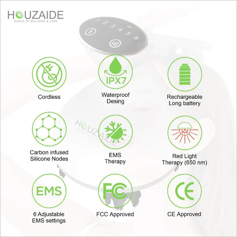 HOUZAIDE Waterproof Electric Head Massager Vibration Machine, FACE brush node attachments- Rechargeable Electric Handheld Portable Head Massager for Hair Growth and Face Cleaning