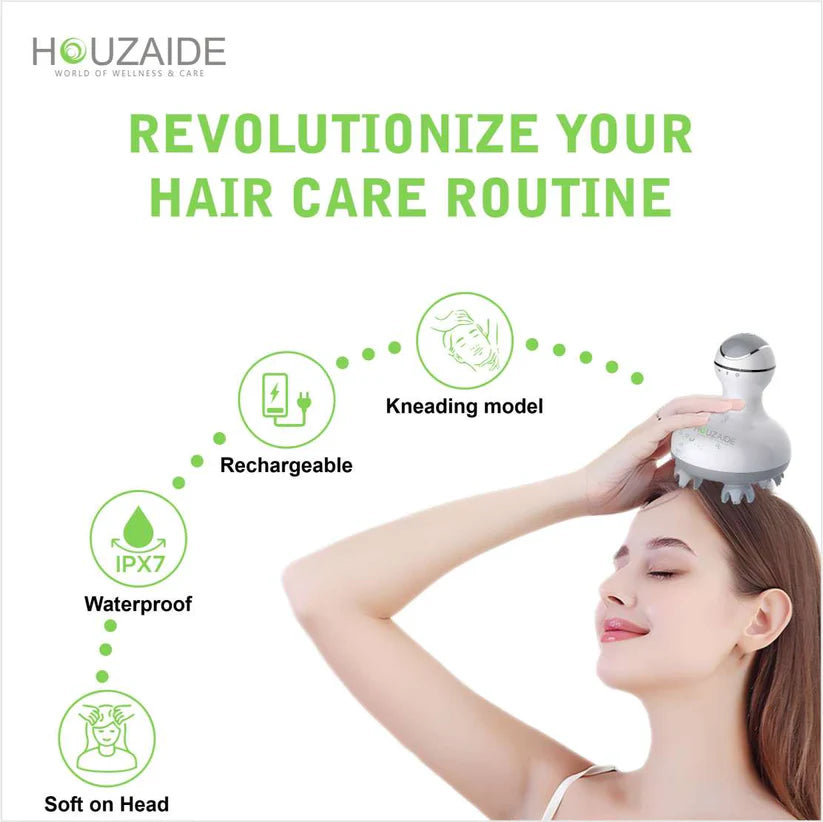 HOUZAIDE Rechargeable Waterproof Scalp Massager - Handheld, Portable Head Massager for Hair Fall Control, Growth, Stress, and Headache Relief