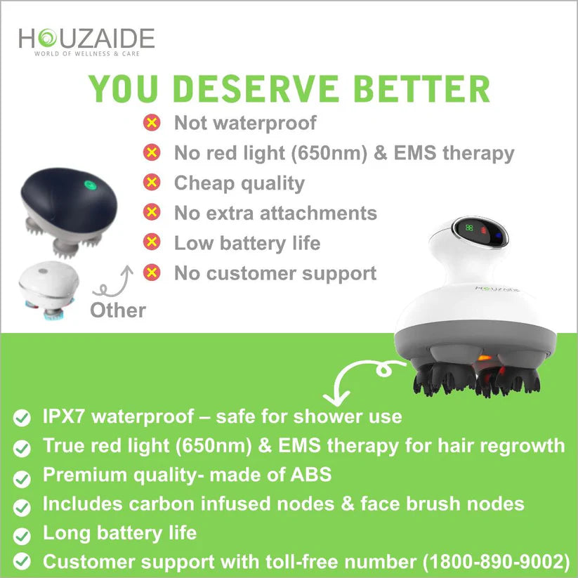 HOUZAIDE Waterproof Electric Head Massager Machine with Advanced EMS Red Light Therapy for Hair Growth, Dense Hair, Hair Fall Control and Deep Clean