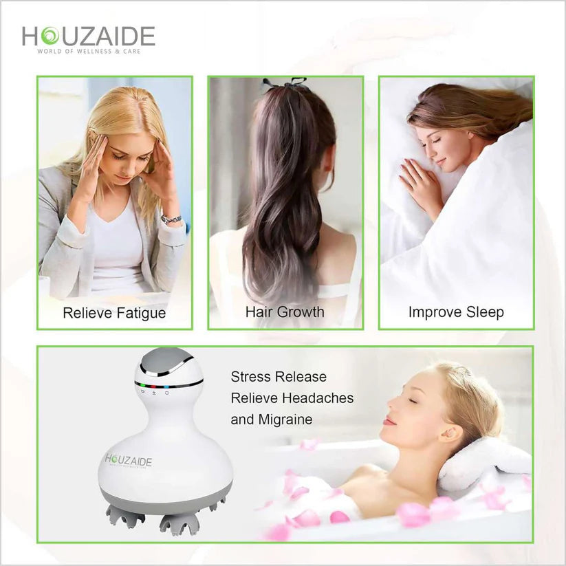 HOUZAIDE Rechargeable Waterproof Scalp Massager - Handheld, Portable Head Massager for Hair Fall Control, Growth, Stress, and Headache Relief
