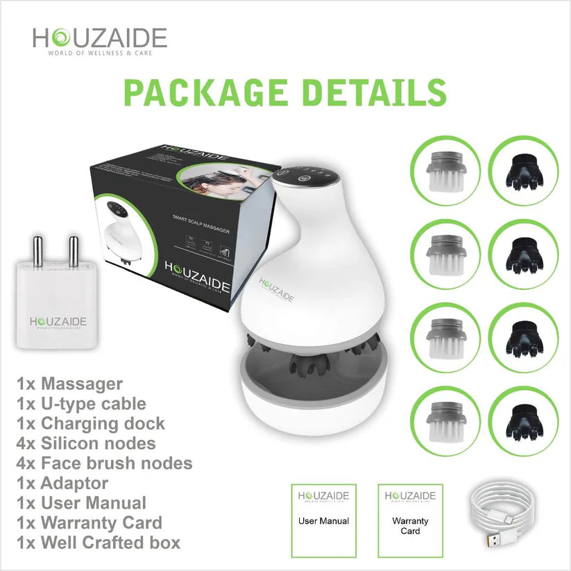 HOUZAIDE Waterproof Electric Head Massager Vibration Machine, FACE brush node attachments- Rechargeable Electric Handheld Portable Head Massager for Hair Growth and Face Cleaning