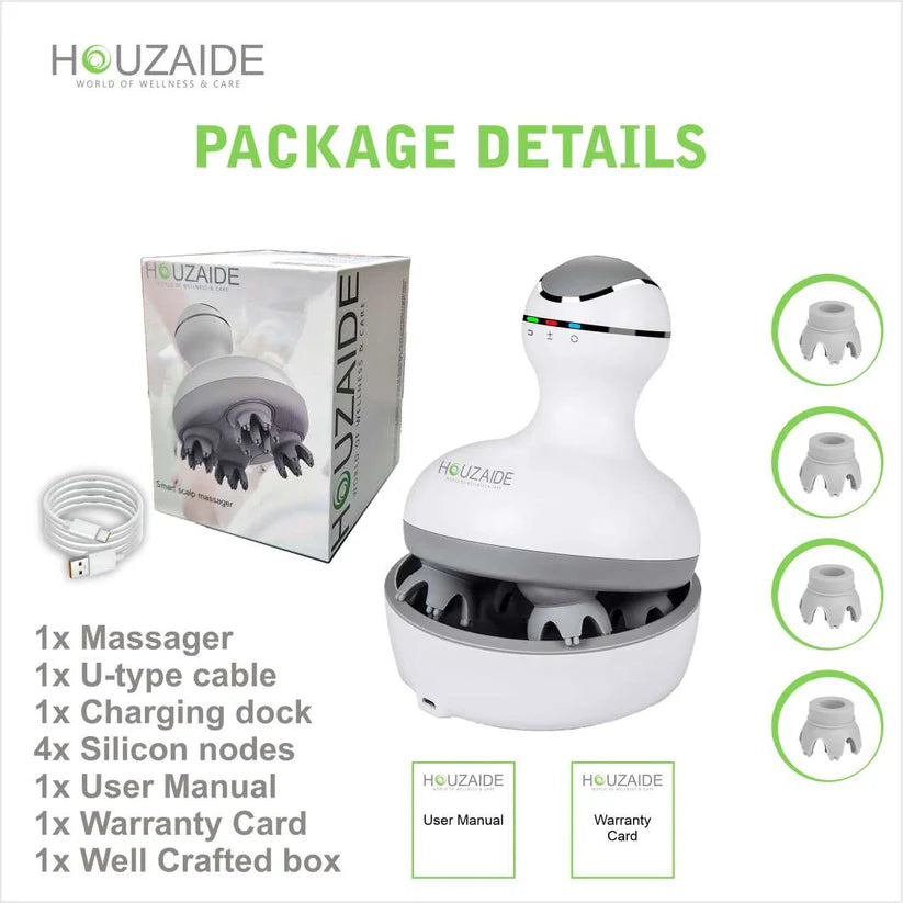 HOUZAIDE Rechargeable Waterproof Scalp Massager - Handheld, Portable Head Massager for Hair Fall Control, Growth, Stress, and Headache Relief