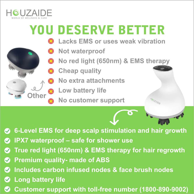 HOUZAIDE Waterproof Electric Head Massager Vibration Machine, FACE brush node attachments- Rechargeable Electric Handheld Portable Head Massager for Hair Growth and Face Cleaning
