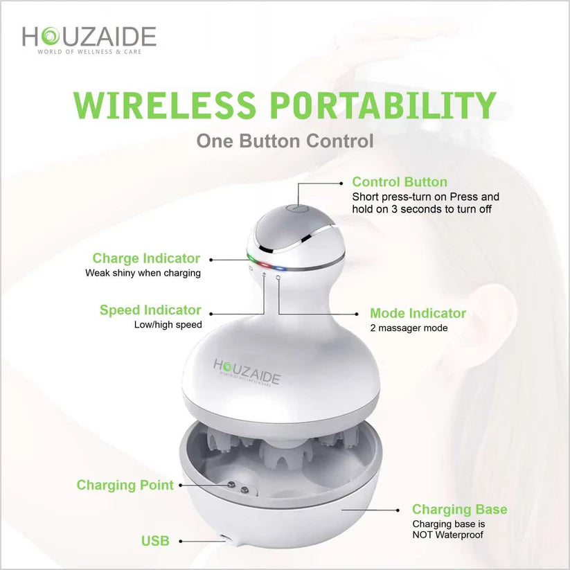 HOUZAIDE Rechargeable Waterproof Scalp Massager - Handheld, Portable Head Massager for Hair Fall Control, Growth, Stress, and Headache Relief