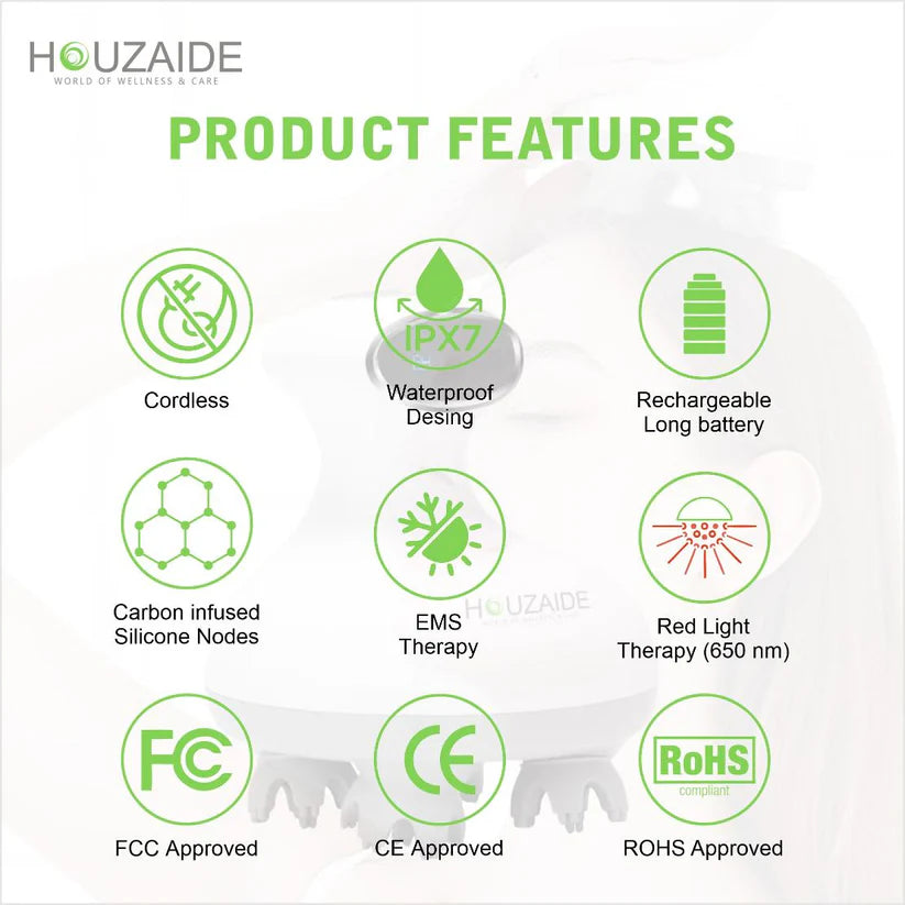 HOUZAIDE Waterproof Electric Head Massager Machine with Advanced EMS Red Light Therapy for Hair Growth, Dense Hair, Hair Fall Control and Deep Clean