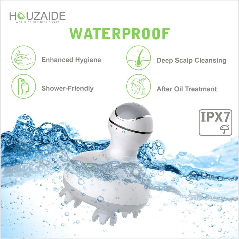 HOUZAIDE Rechargeable Waterproof Scalp Massager - Handheld, Portable Head Massager for Hair Fall Control, Growth, Stress, and Headache Relief