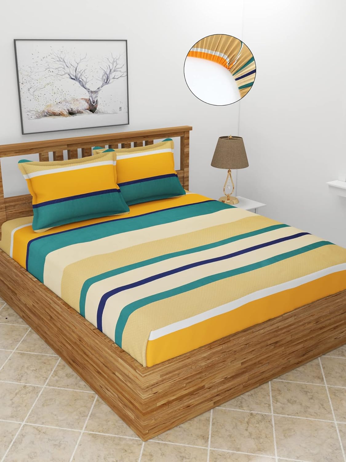 Premium Glace Cotton Elastic Fitted Double Bedsheet with 2 Pillow Covers (72x78x8 Inches)- BrownHrizontalLine