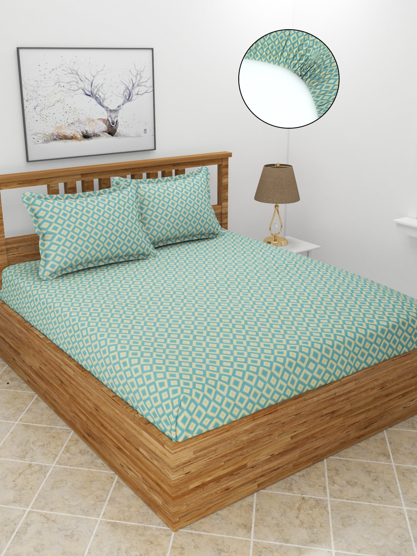 Premium Glace Cotton Elastic Fitted Double Bedsheet with 2 Pillow Covers (72x78x8 Inches)- Diamond_Mor