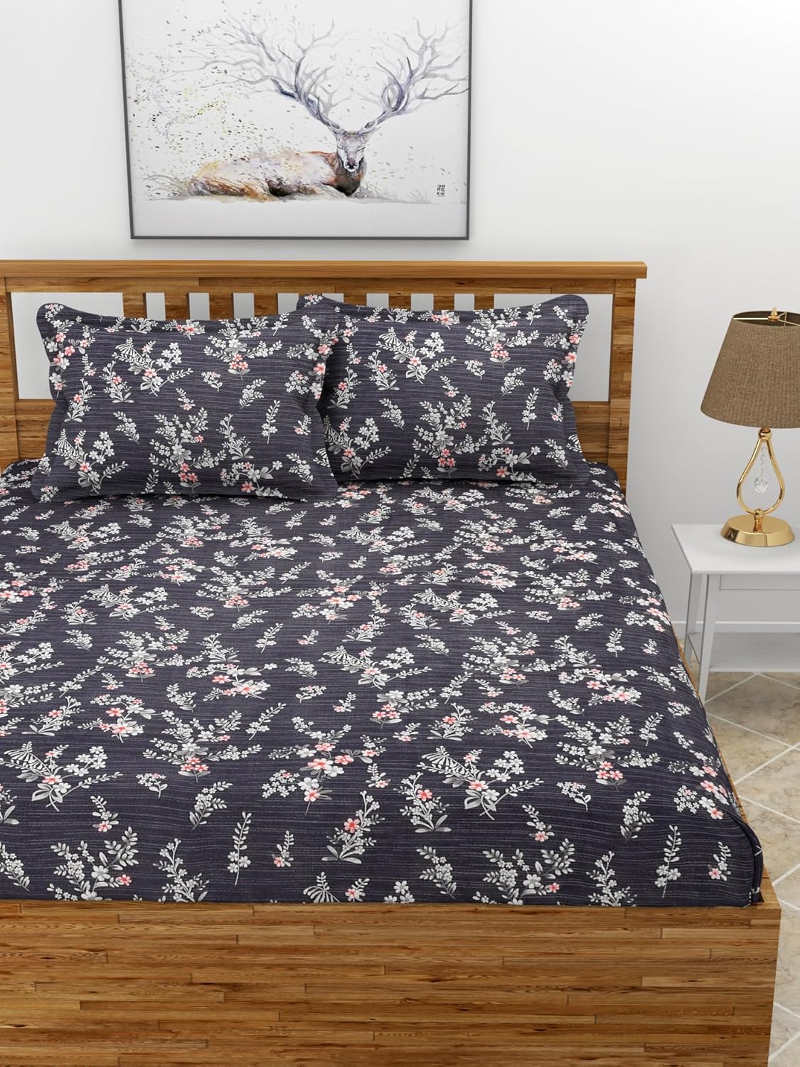 Premium Glace Cotton Elastic Fitted Double Bedsheet with 2 Pillow Covers (72x78x8 Inches)- BlueBale