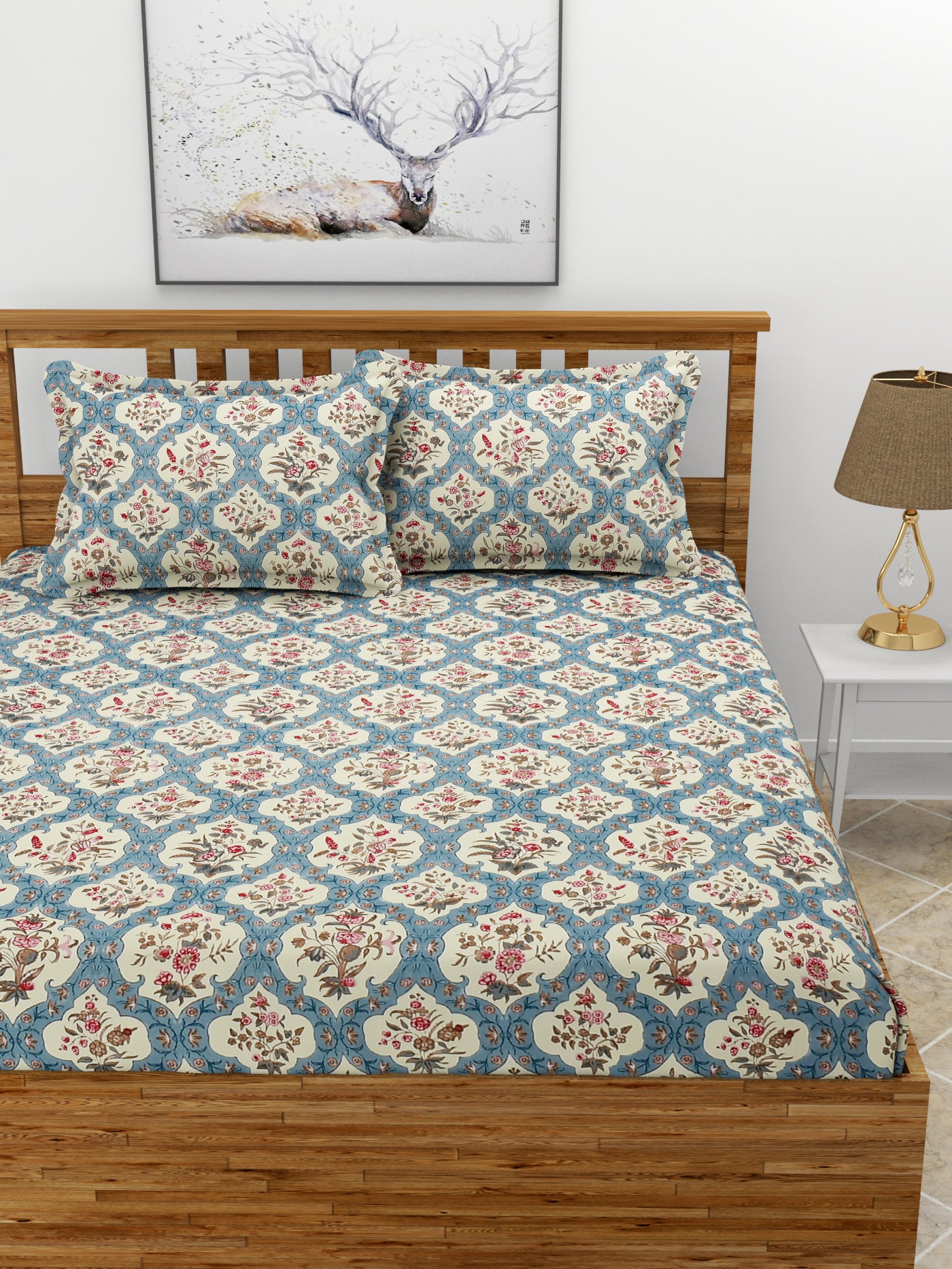 Premium Glace Cotton Elastic Fitted Double Bedsheet with 2 Pillow Covers (72x78x8 Inches)- UniqueFlower