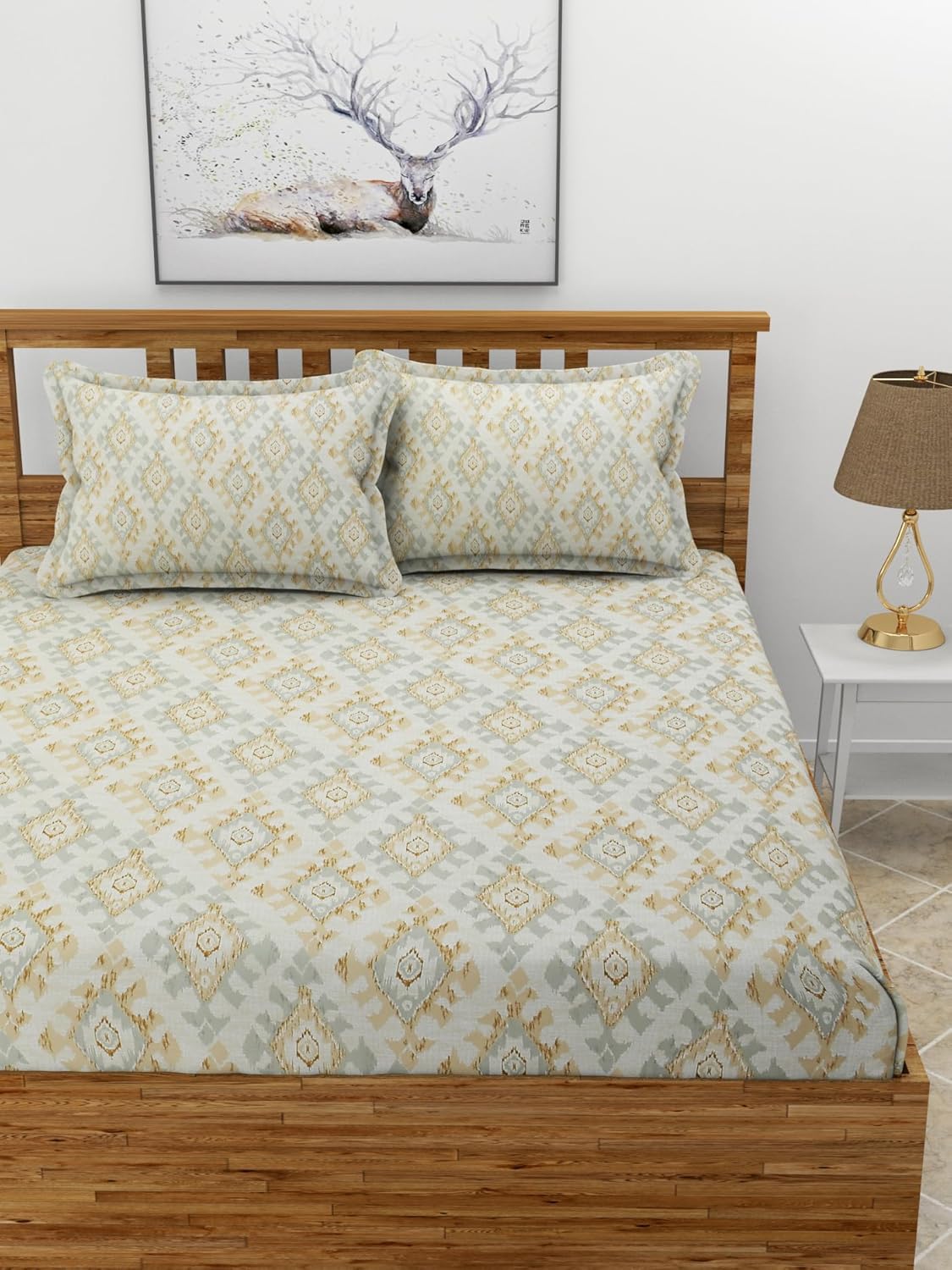 Premium Glace Cotton Elastic Fitted Double Bedsheet with 2 Pillow Covers (72x78x8 Inches)- FlenoPrint