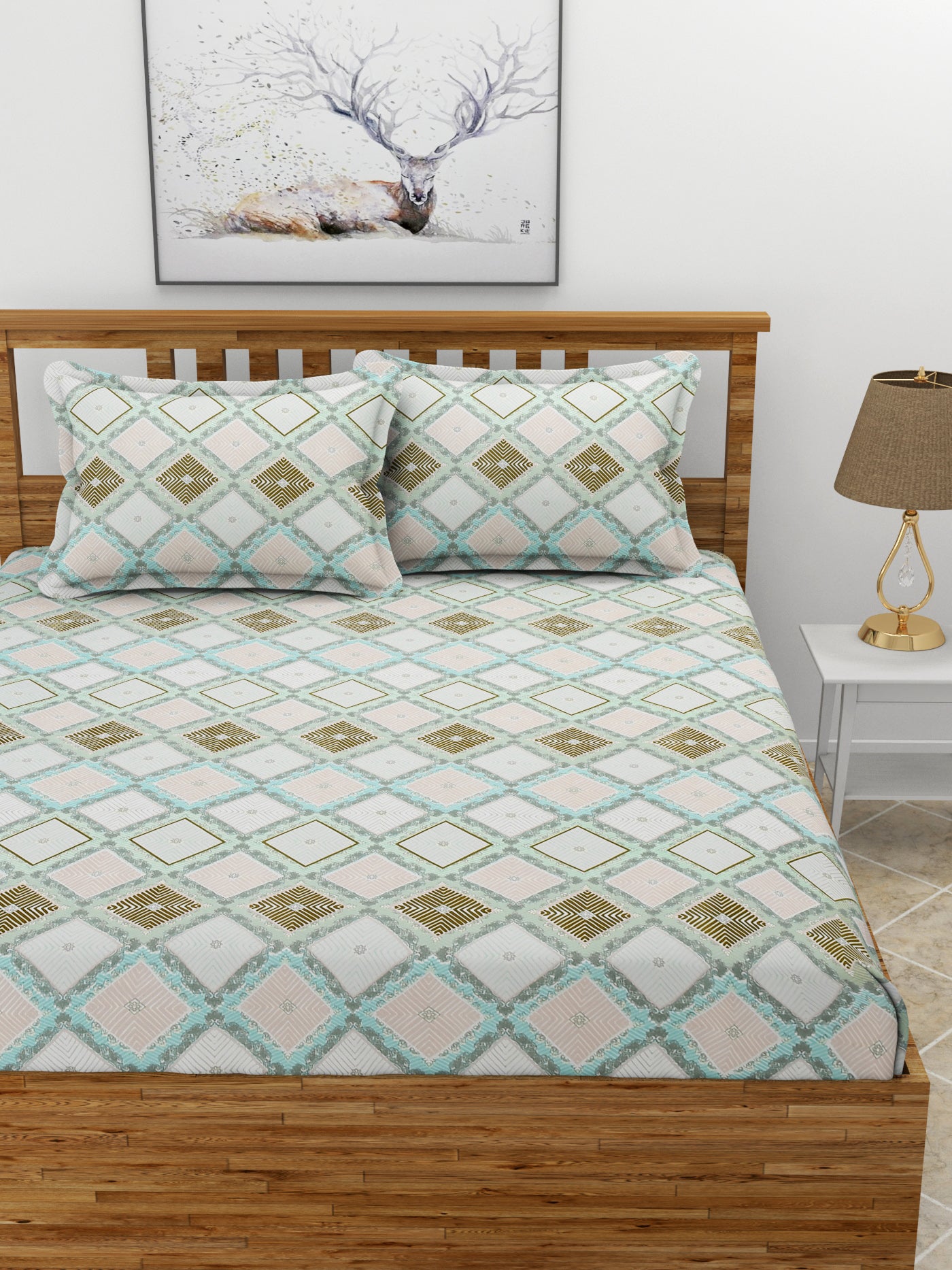 Premium Glace Cotton Elastic Fitted Double Bedsheet with 2 Pillow Covers (72x78x8 Inches)-TigesBoxes