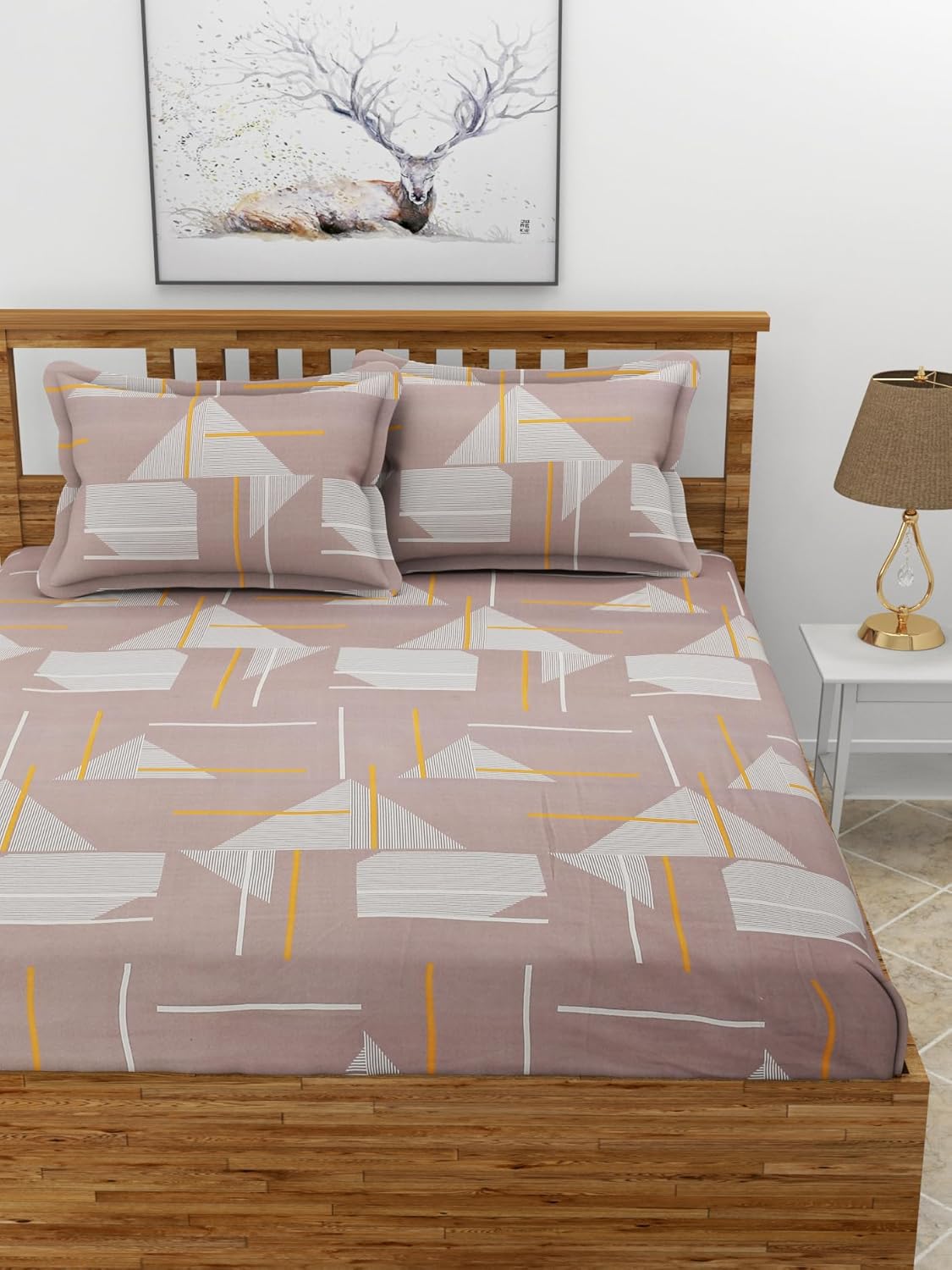 Premium Glace Cotton Elastic Fitted Double Bedsheet with 2 Pillow Covers (72x78x8 Inches)- BrownTraingle