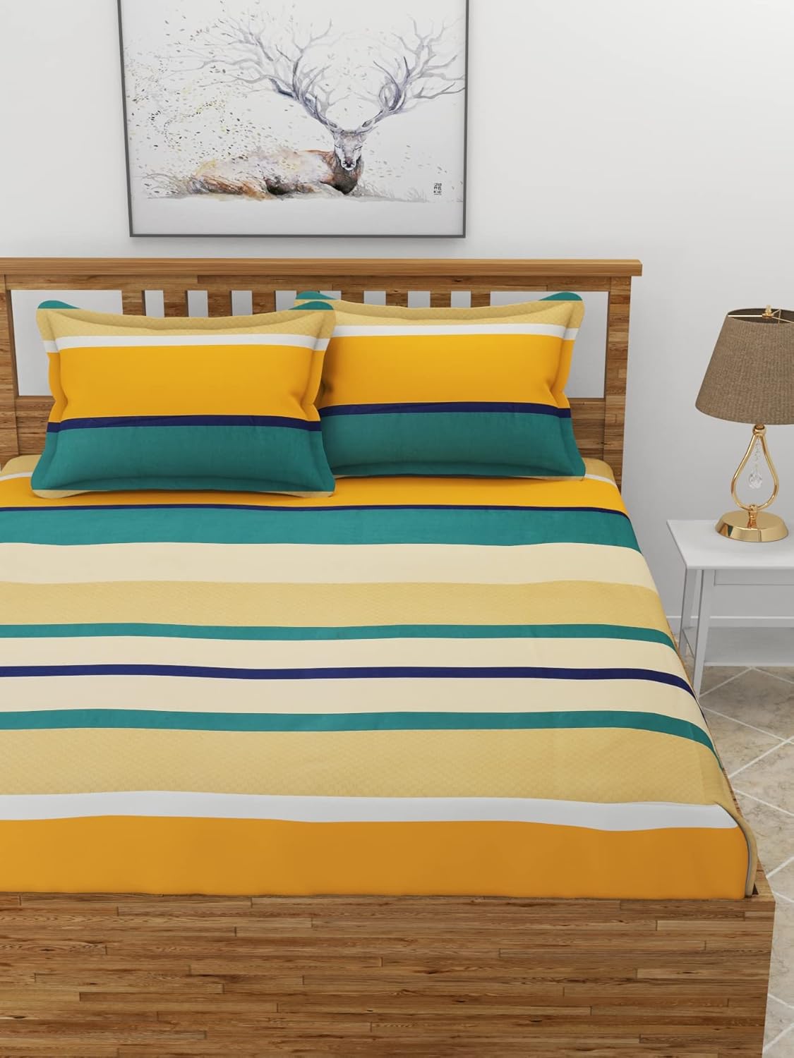 Premium Glace Cotton Elastic Fitted Double Bedsheet with 2 Pillow Covers (72x78x8 Inches)- BrownHrizontalLine