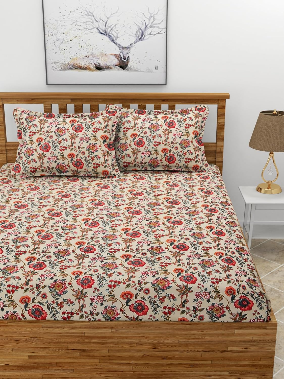 Premium Glace Cotton Elastic Fitted Double Bedsheet with 2 Pillow Covers (72x78x8 Inches)- FlowerBucket