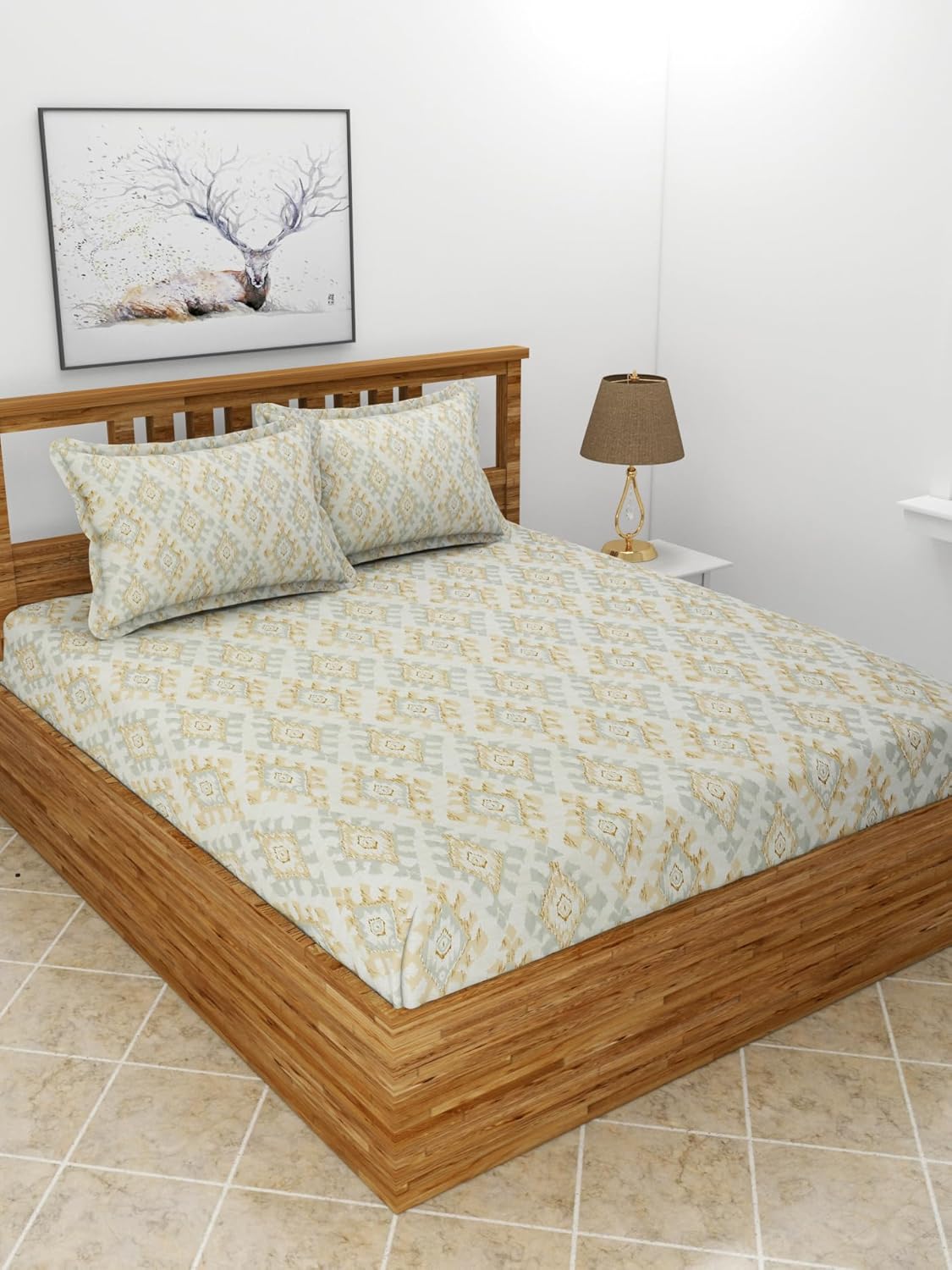 Premium Glace Cotton Elastic Fitted Double Bedsheet with 2 Pillow Covers (72x78x8 Inches)- FlenoPrint