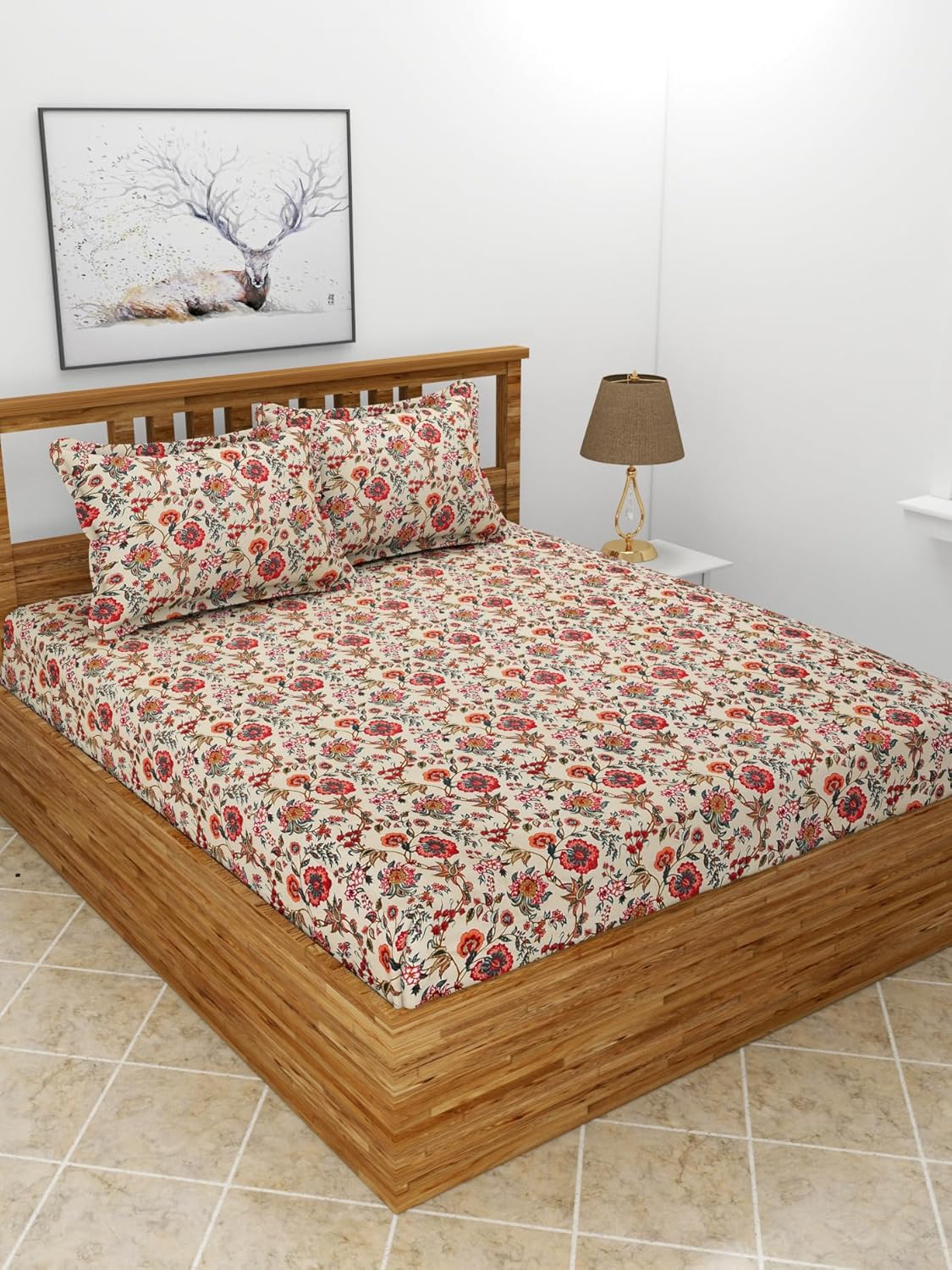Premium Glace Cotton Elastic Fitted Double Bedsheet with 2 Pillow Covers (72x78x8 Inches)- FlowerBucket