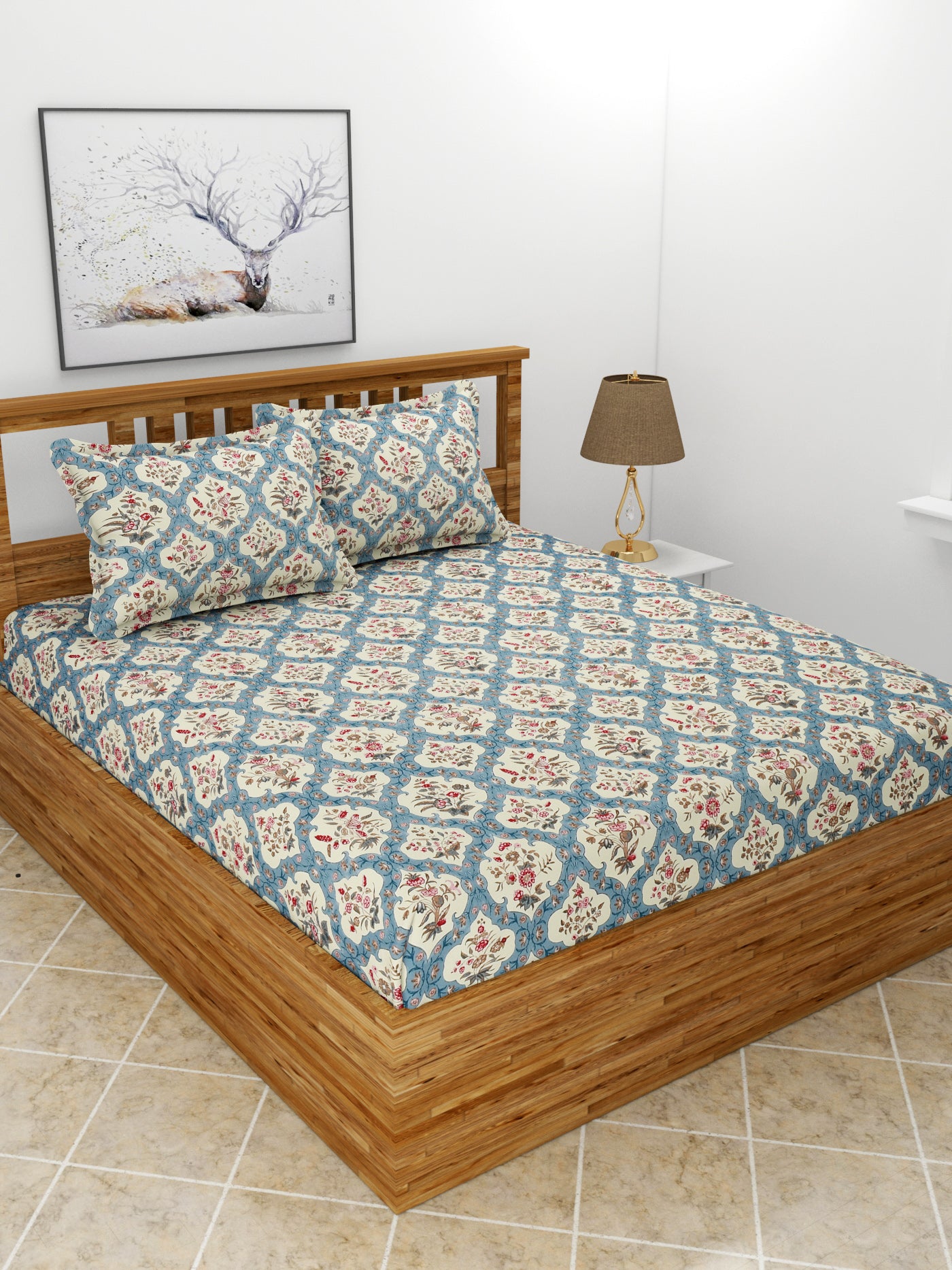 Premium Glace Cotton Elastic Fitted Double Bedsheet with 2 Pillow Covers (72x78x8 Inches)- UniqueFlower