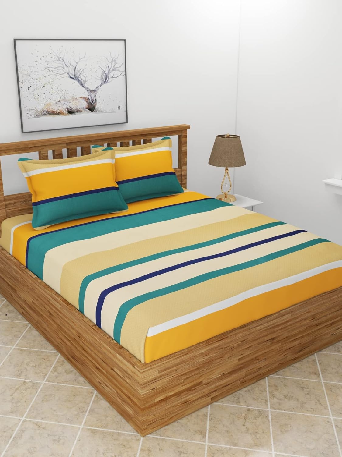 Premium Glace Cotton Elastic Fitted Double Bedsheet with 2 Pillow Covers (72x78x8 Inches)- BrownHrizontalLine