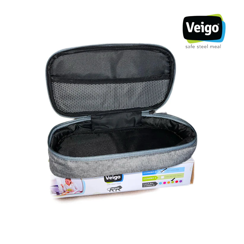 Veigo Daily- Set of 2 Medium Stainless Steel Lunch Boxes in a flat Insulated Pouch