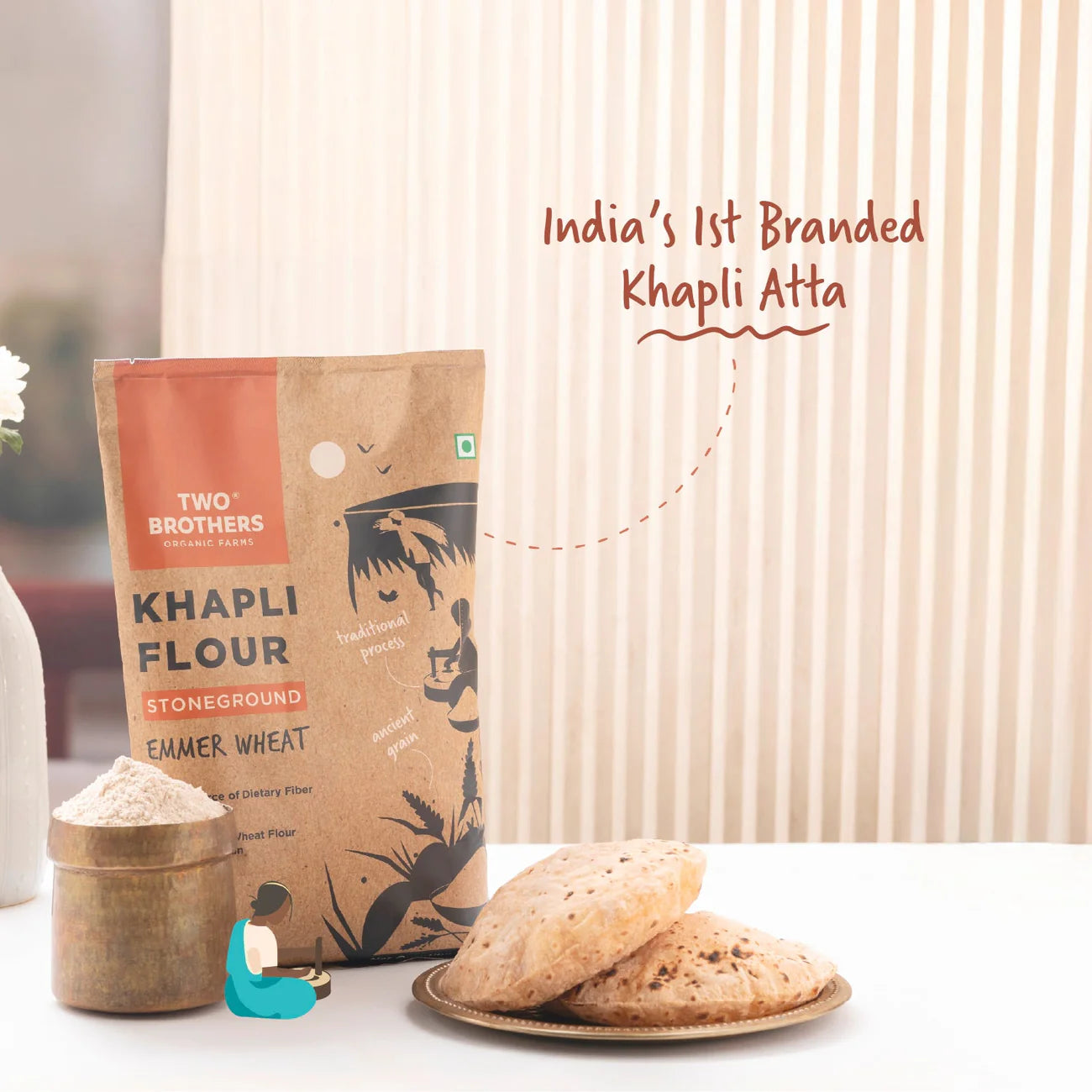 Two Brothers Organic Farms Khapli Wheat Atta (Emmer Wheat Flour) Atta Stone Ground 5 KG