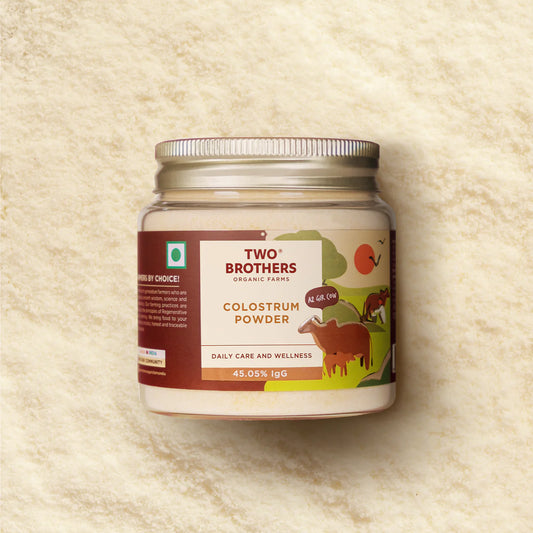 Two Brothers Organic Farms Colostrum Powder | Desi Gir Cow Colostrum | Health Supplement for Supporting Immunity, Digestion, & Overall Health | No Added Preservatives | A2 Cows Colostrum Milk (100G)