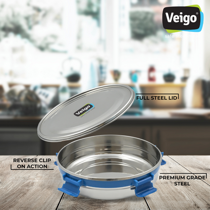Veigo Maxosteel Round Storage Boxes with reversible clip mechanism- Set of 3 lunch boxes containers