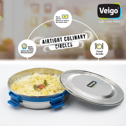 Veigo Maxosteel Round Storage Boxes with reversible clip mechanism- Set of 3 lunch boxes containers