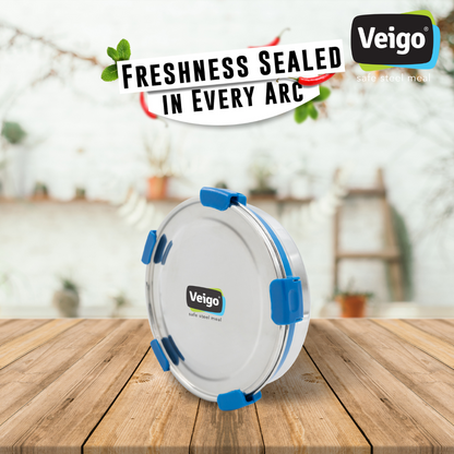 Veigo Maxosteel Round Storage Boxes with reversible clip mechanism- Set of 3 lunch boxes containers