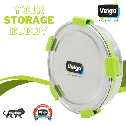 Veigo Maxosteel Round Storage Boxes with reversible clip mechanism- Set of 3 lunch boxes containers
