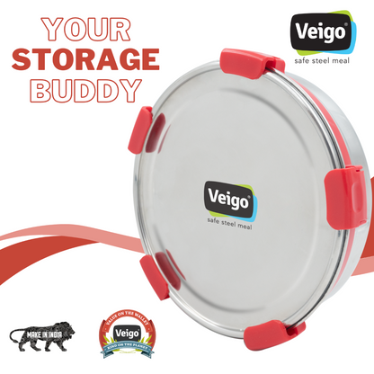 Veigo Maxosteel Round Storage Boxes with reversible clip mechanism- Set of 3 lunch boxes containers