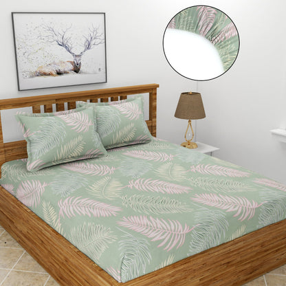 Morado Elastic Fitted Double Bedsheet with Pillow Covers- Maple Green Leaf