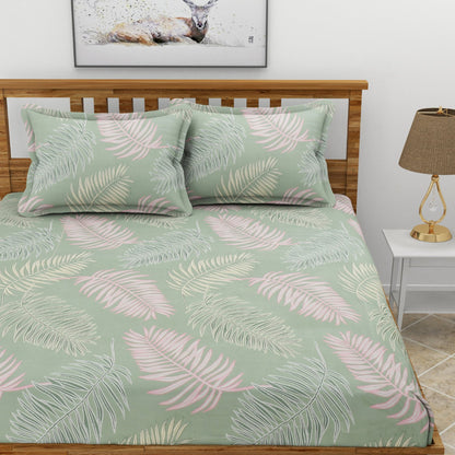 Morado Elastic Fitted Double Bedsheet with Pillow Covers- Maple Green Leaf