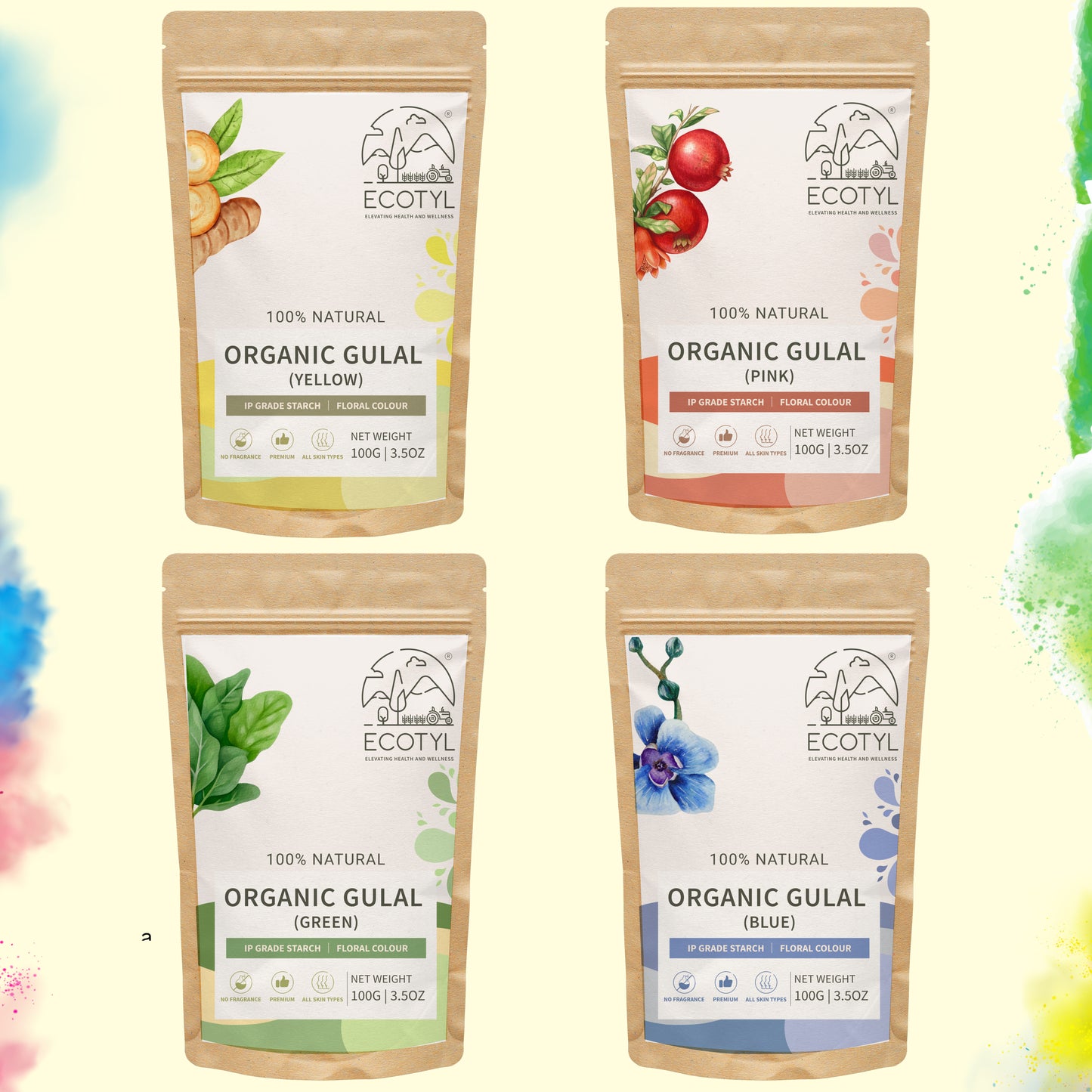 Ecotyl Natural Herbal Gulal | Floral Color & Skin Friendly | Set of 4 Colors (100g Each)