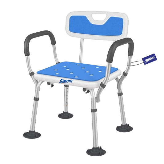 Simon's Aqua-TUF Heavy-Duty Shower Chair for Elderly | Adjustable Shower Bench with Arms | Tool-Free Assembly -Blue