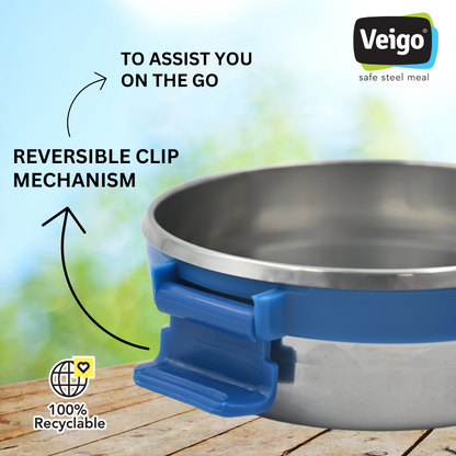 Veigo Maxosteel Round Storage Boxes with reversible clip mechanism- Set of 3 lunch boxes containers