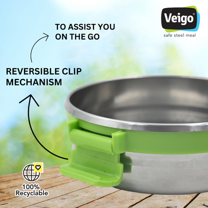 Veigo Maxosteel Round Storage Boxes with reversible clip mechanism- Set of 3 lunch boxes containers