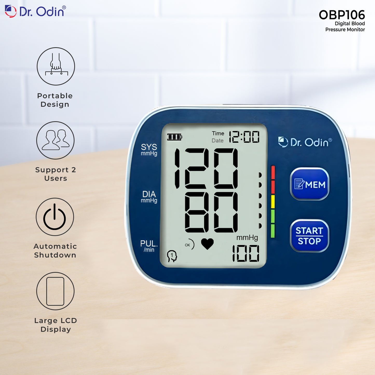 Dr. Odin OBP106 Automatic Digital BP Machine with Large Display, Blood Pressure Monitor for Home, Cuff 22–36 cm, Dual Memory, Battery Powered (Blue)