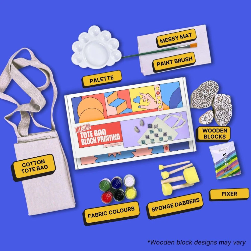 Kitsters DIY COMBO : DIY Block Printing Kit (Tote Bag) & DIY Tote Bag Painting Kit