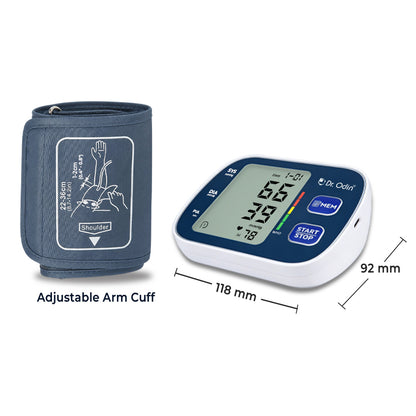 Dr. Odin OBP106 Automatic Digital BP Machine with Large Display, Blood Pressure Monitor for Home, Cuff 22–36 cm, Dual Memory, Battery Powered (Blue)