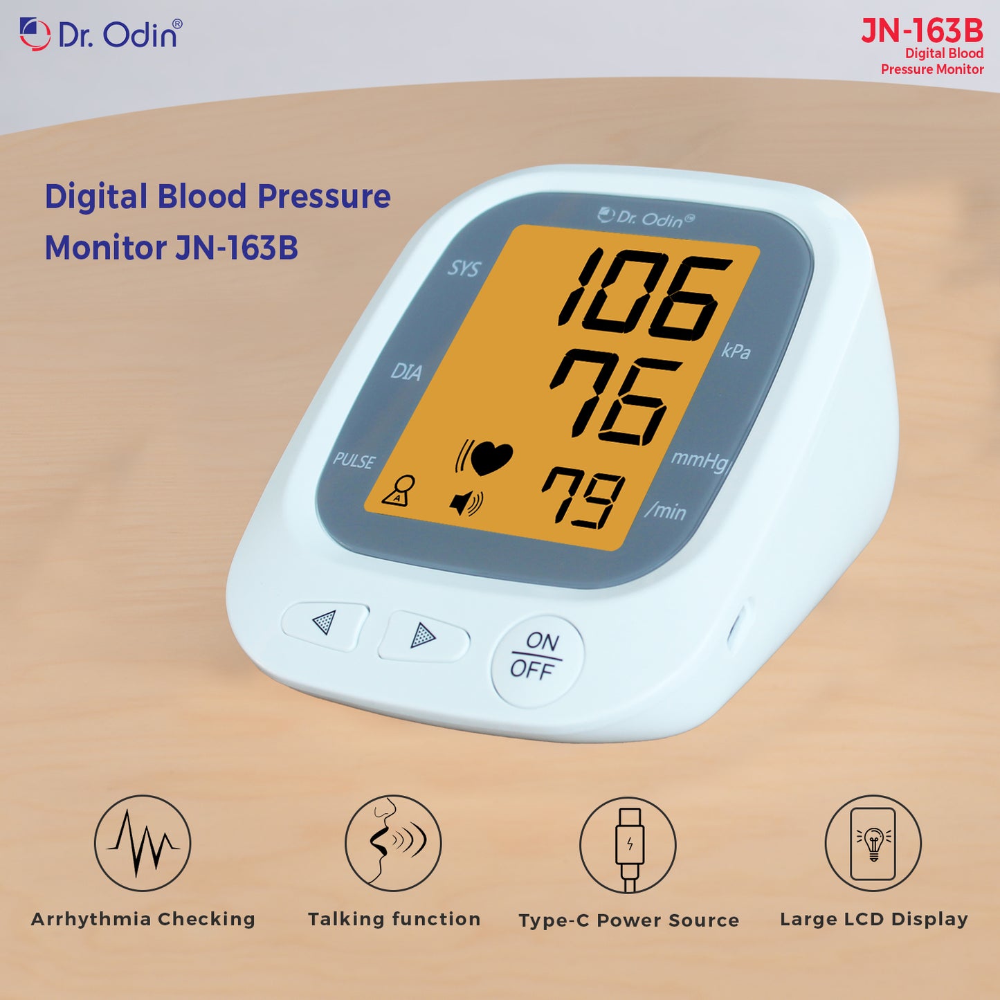 Dr.Odin JN-163B Blood Pressure Monitor with Large LCD Display, Voice Function, 2 User Suppport, USB Type-C | White